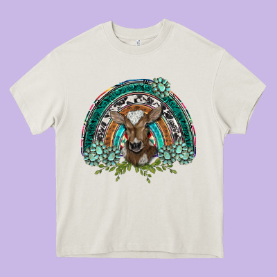Turquoise Gemstones Brown Baby Cow  Rainbow Heavy Core Tee Designed By Barkaloodesign