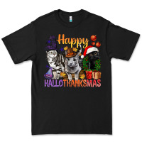 Black Happy Hallothanksmas Cats Premium Tee - BundleAndBundleShop