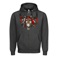 Charcoal Heather Western Christmas Bull Skull Zipper Hoodie - RanaPortraitStore