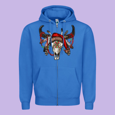 Western Christmas Bull Skull Zipper Hoodie Designed By Ranaportraitstore