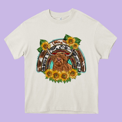 Scottish Calf Sunflowers Rainbow Heavy Core Tee Designed By Barkaloodesign