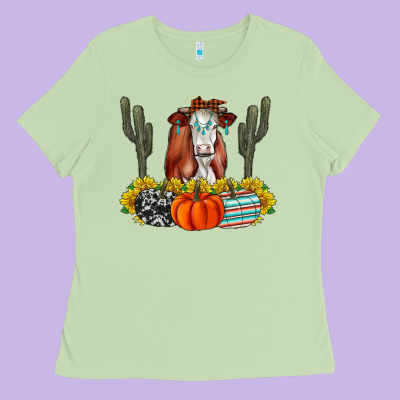 Fall Cow Ladies Tee Designed By Cowhidedigitalart