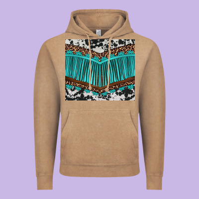 Western Cowhide Leopard Turquoise Fringed Vintage Hoodie Designed By Barkaloodesign