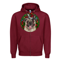 Burgundy Christmas Pug With Buffalo Plaid Zipper Hoodie - RanaPortraitStore