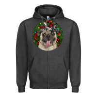 Charcoal Heather Christmas Pug With Buffalo Plaid Zipper Hoodie - RanaPortraitStore