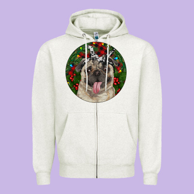 Christmas Pug With Buffalo Plaid Zipper Hoodie Designed By Ranaportraitstore