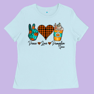 Peace Love Pumpkin Spice Ladies Tee Designed By Cowhidedigitalart