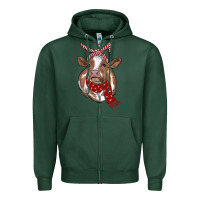 Sports Green Christmas Heifer With Scarf Zipper Hoodie - RanaPortraitStore