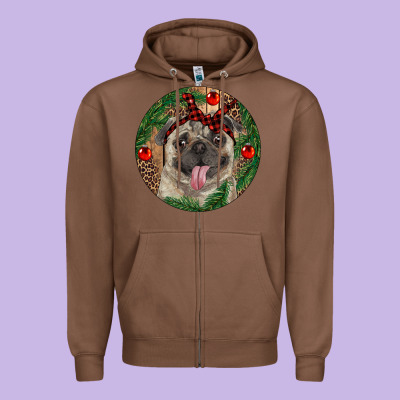 Christmas Pug With Leopard Zipper Hoodie Designed By Ranaportraitstore