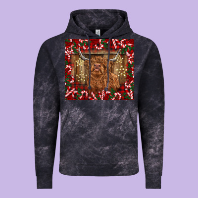 Christmas Highland Cow With Candy Canes Vintage Hoodie Designed By Barkaloodesign