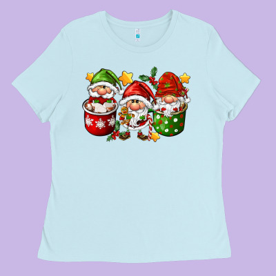 Coffee Cup Santa Gnomies Ladies Tee Designed By Fadigitalartstudio
