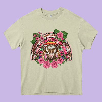 Pink Floral Baby Goat Rainbow Heavy Core Tee Designed By Barkaloodesign
