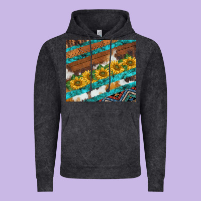Western Aztec Sunflowers Turquoise Cowhide Vintage Hoodie Designed By Barkaloodesign