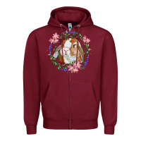 Burgundy Bunny Face With Floral Wreath Zipper Hoodie - RanaPortraitStore