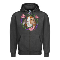 Charcoal Heather Bunny Face With Floral Wreath Zipper Hoodie - RanaPortraitStore