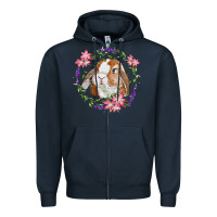 Navy Bunny Face With Floral Wreath Zipper Hoodie - RanaPortraitStore