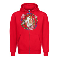 Red Bunny Face With Floral Wreath Zipper Hoodie - RanaPortraitStore