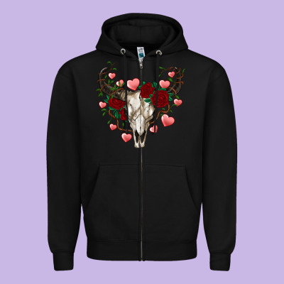 Valentines Bull Skull Zipper Hoodie Designed By Ranaportraitstore