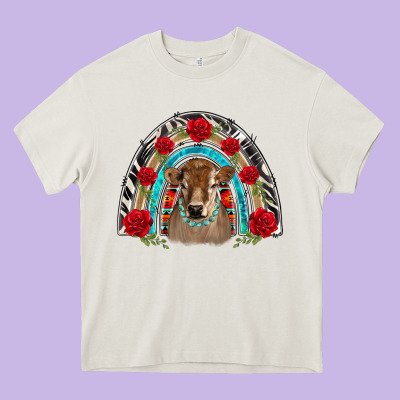 Brown Baby Cow Floral Rose Rainbow Heavy Core Tee Designed By Barkaloodesign