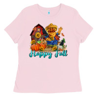Bubblegum Pink happy fall scarecrow Ladies Tee - FaDigitalArtStudio