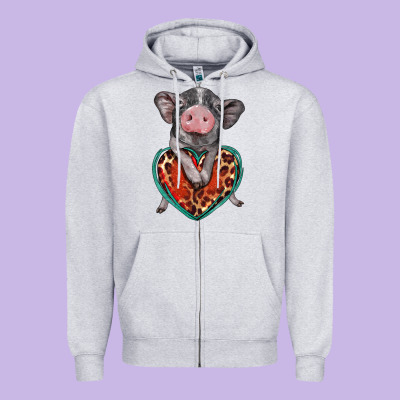 Baby Pig With Leopard Heart Zipper Hoodie Designed By Barkaloodesign