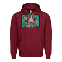 Burgundy baby pig with leopard background Zipper Hoodie - BarkalooDesign