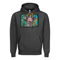 Charcoal Heather baby pig with leopard background Zipper Hoodie - BarkalooDesign