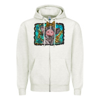 Oatmeal Heather baby pig with leopard background Zipper Hoodie - BarkalooDesign