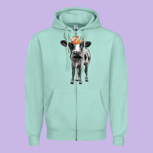 Holstein Cow Floral Wreath Zipper Hoodie Designed By Barkaloodesign