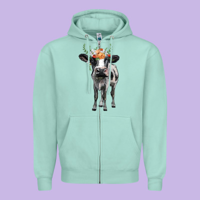 Holstein Cow Floral Wreath Zipper Hoodie Designed By Barkaloodesign
