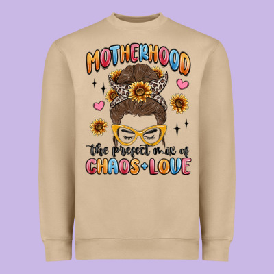 Motherhood The Perfect Mix Of Chaos And Love Heavyweight Sweatshirt Designed By Maliassmallbusiness