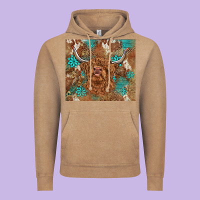 Highland Cow Turquoise Gemstones Western Patterns Vintage Hoodie Designed By Barkaloodesign