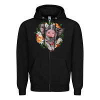 Black baby pig floral wreath Zipper Hoodie - BarkalooDesign