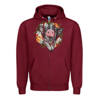 Burgundy baby pig floral wreath Zipper Hoodie - BarkalooDesign