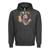 Charcoal Heather baby pig floral wreath Zipper Hoodie - BarkalooDesign
