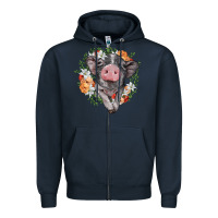 Navy baby pig floral wreath Zipper Hoodie - BarkalooDesign