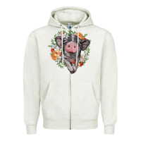 Oatmeal Heather baby pig floral wreath Zipper Hoodie - BarkalooDesign