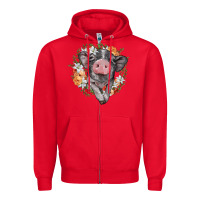 Red baby pig floral wreath Zipper Hoodie - BarkalooDesign