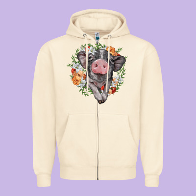 Baby Pig Floral Wreath Zipper Hoodie Designed By Barkaloodesign