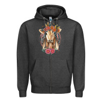 Charcoal Heather flower cow Zipper Hoodie - Jasminsmagicworld