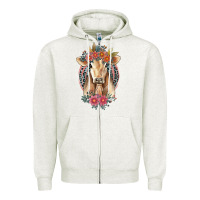 Oatmeal Heather flower cow Zipper Hoodie - Jasminsmagicworld