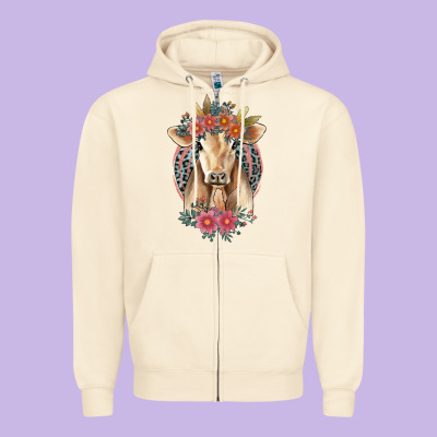 Flower Cow Zipper Hoodie Designed By Jasminsmagicworld