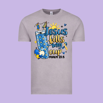 Down Syndrome Jesus Fills My Cup Vintage Tee Designed By Maliassmallbusiness