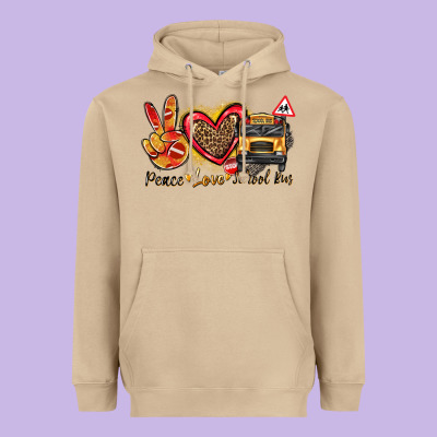 Peace Love School Bus Heavyweight Hoodie Designed By Texasbilliewilder