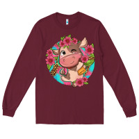 Burgundy cute cow pink flowers and leopard pattern Long Sleeve Tee - NancyCooperArtShop