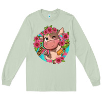 Matcha cute cow pink flowers and leopard pattern Long Sleeve Tee - NancyCooperArtShop