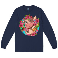 Navy cute cow pink flowers and leopard pattern Long Sleeve Tee - NancyCooperArtShop