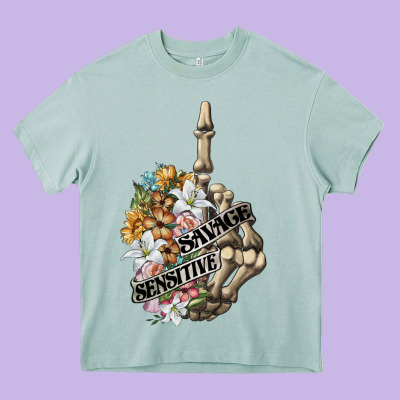 Sensitive Savage Skeleton Middle Finger Heavy Core Tee Designed By Fadigitalartstudio