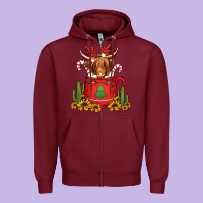 Hot Coco Christmas Highland Cow Zipper Hoodie Designed By Jasminsmagicworld