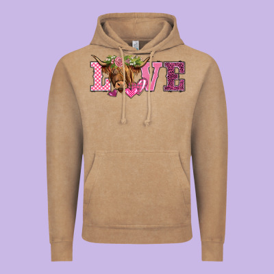 Valentine's Day Love Highland Cow Vintage Hoodie Designed By Barkaloodesign